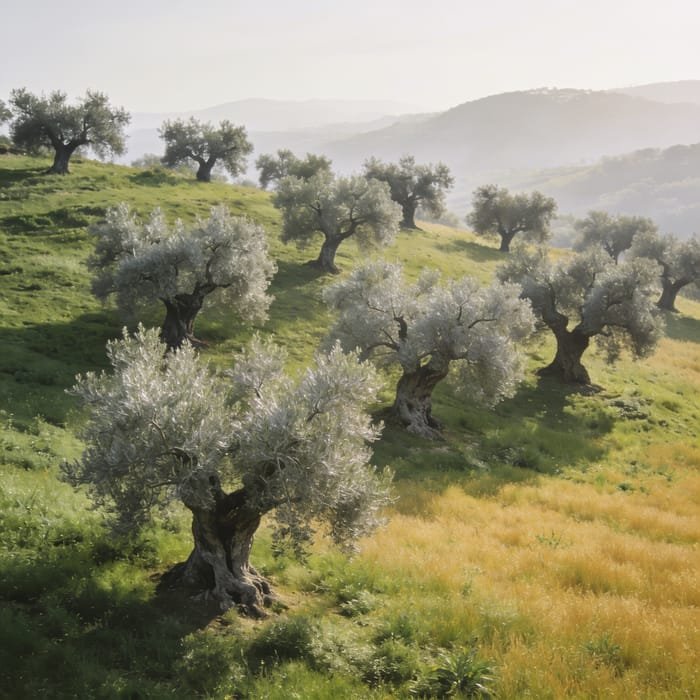 Elevated rows of olive trees across the orchard