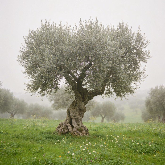 A single olive tree in the grove